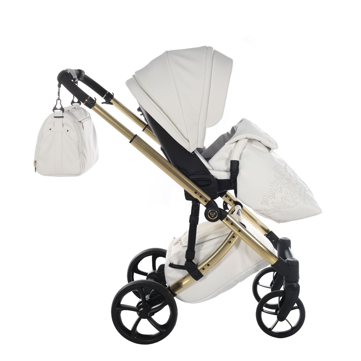 Junama Tailor 3 in 1 Ecopelle White/Gold Navicella Glossy Gold Telaio Gold